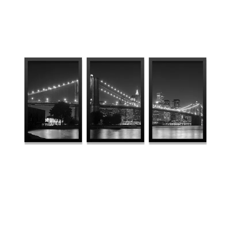 Conjunto Kit 3 Quadros Ponte Iluminada Preto E Branco