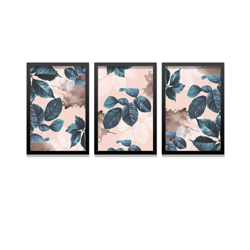 Conjunto Kit 3 Quadros Folhas Ao Vento Moldura Preta