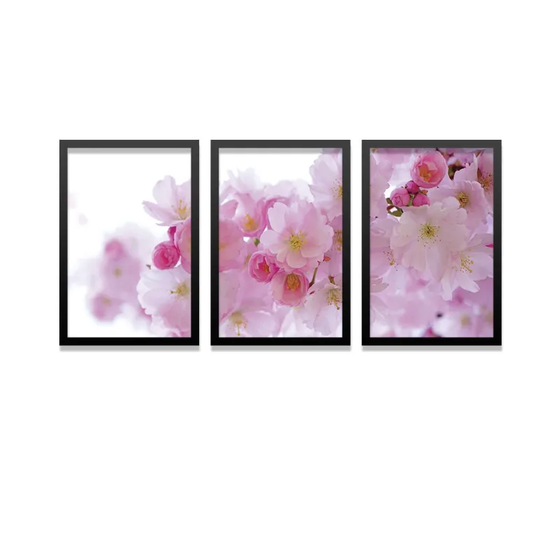 Conjunto Kit 3 Quadros Cerejeira Japonesa Moldura Preta