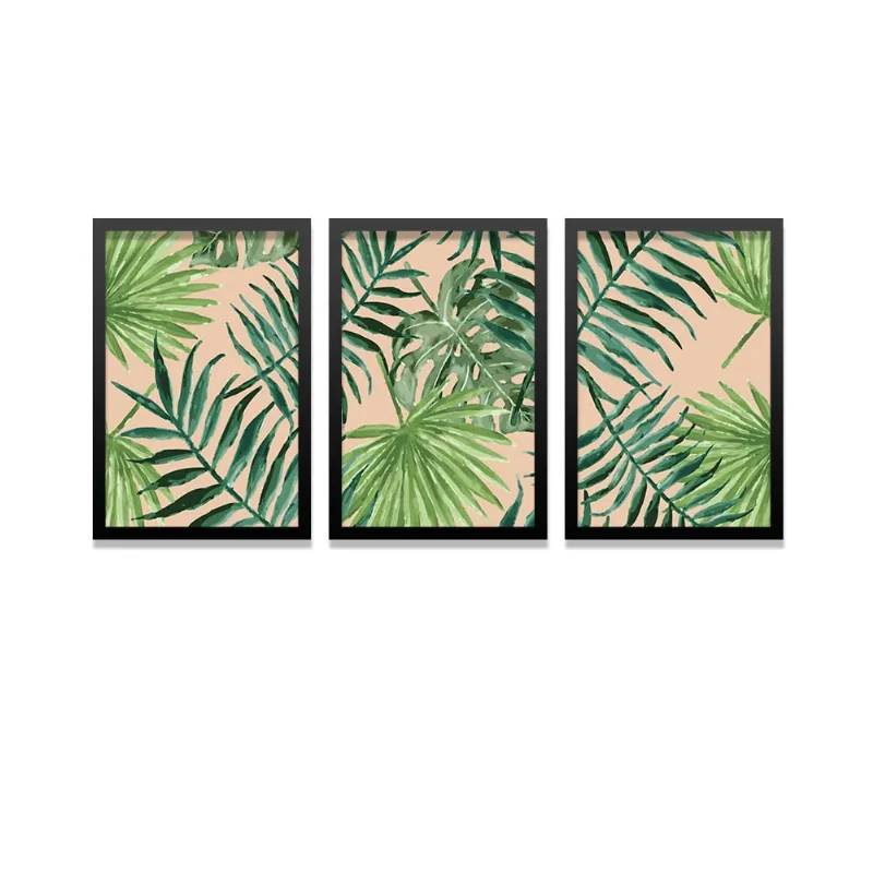 Conjunto Kit 3 Quadros Arte Folhas Têxtil Moldura Preta