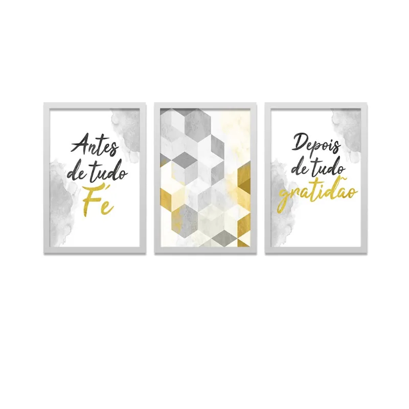 Conjunto Kit 3 Quadros Antes De Tudo Fé E Gratidão Moldura Branca