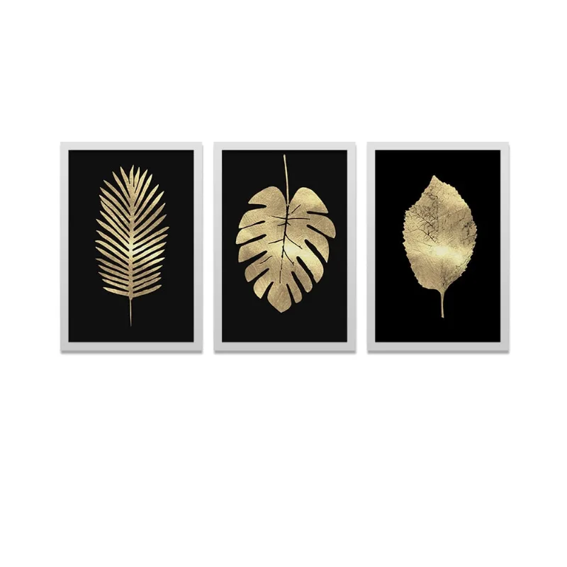 Conjunto Kit 3 Quadros Folhas Douradas Moldura Branca