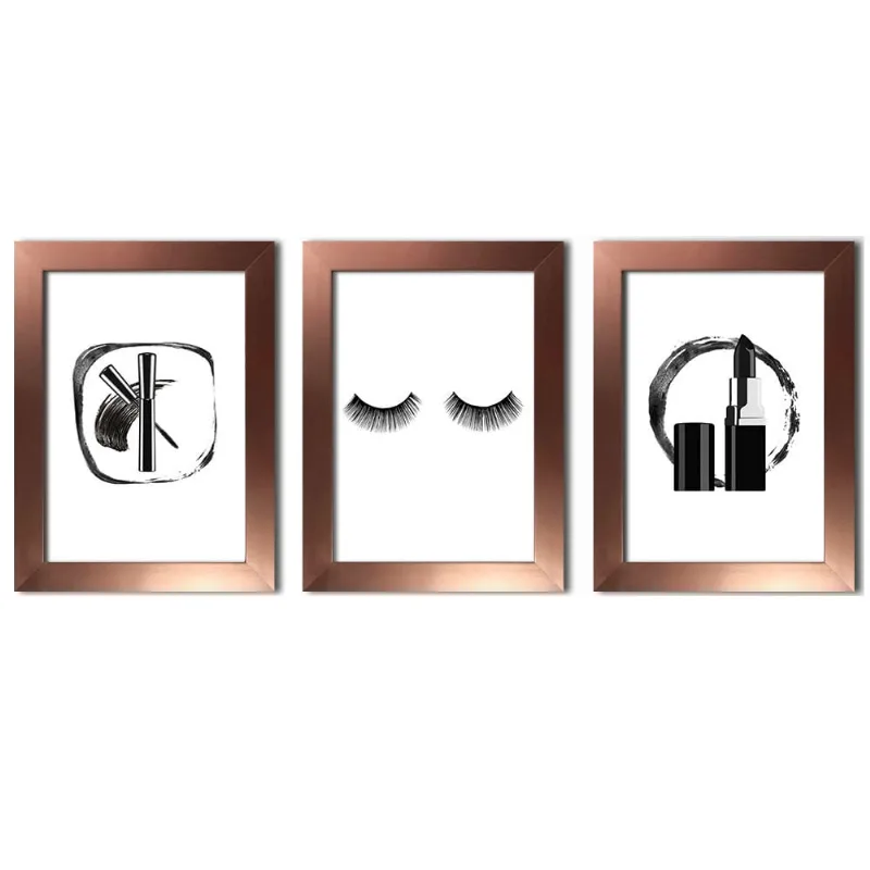 Conjunto Kit 3 Quadros Vaidade Feminina Moldura Rosê
