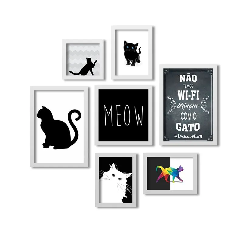 Kit 7 Quadros Grande LosQuadros Gato Meow