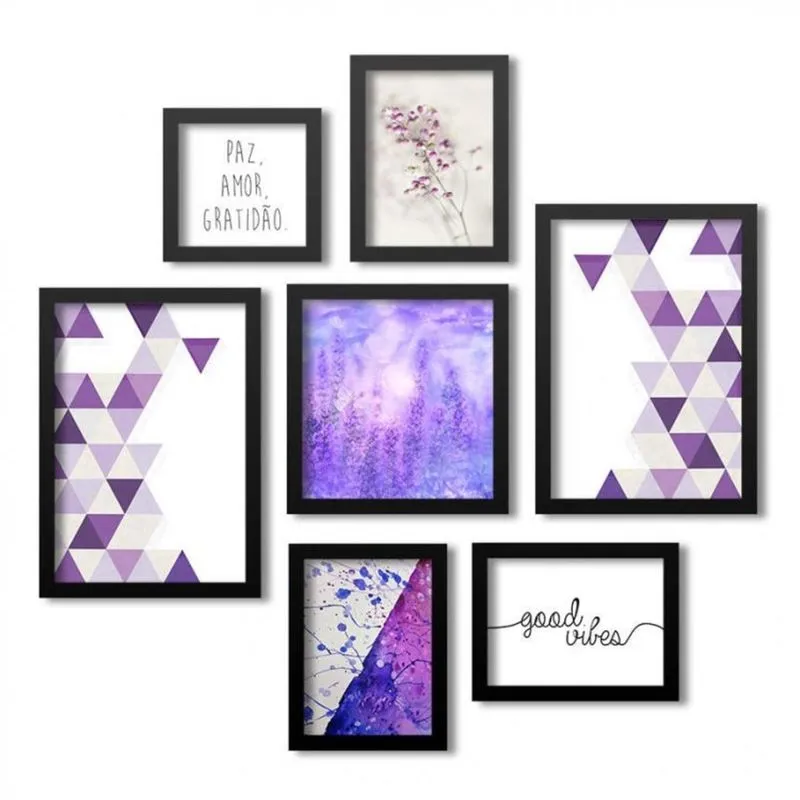 Conjunto 7 Quadros Decorativos Abstrato Frases Los Quadros Roxo