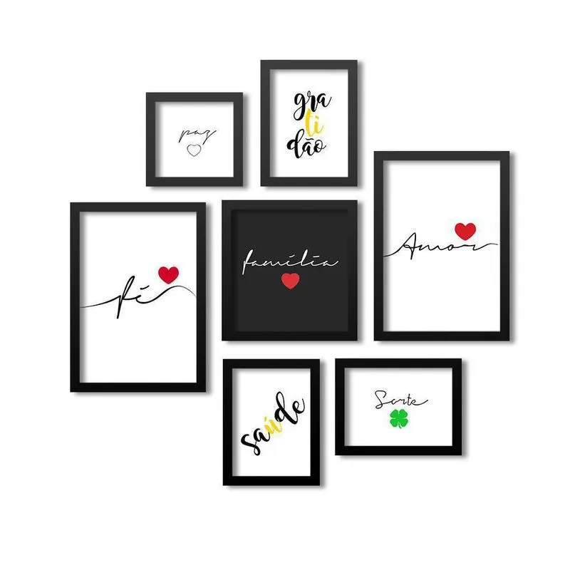 Kit 7 Quadros Los Quadros Fé Família E Amor Moldura Preta