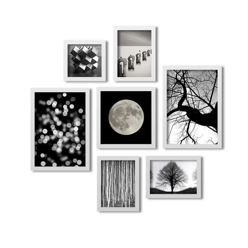 Kit 7 Quadros Los Quadros Dark Abstrato Moldura Branca