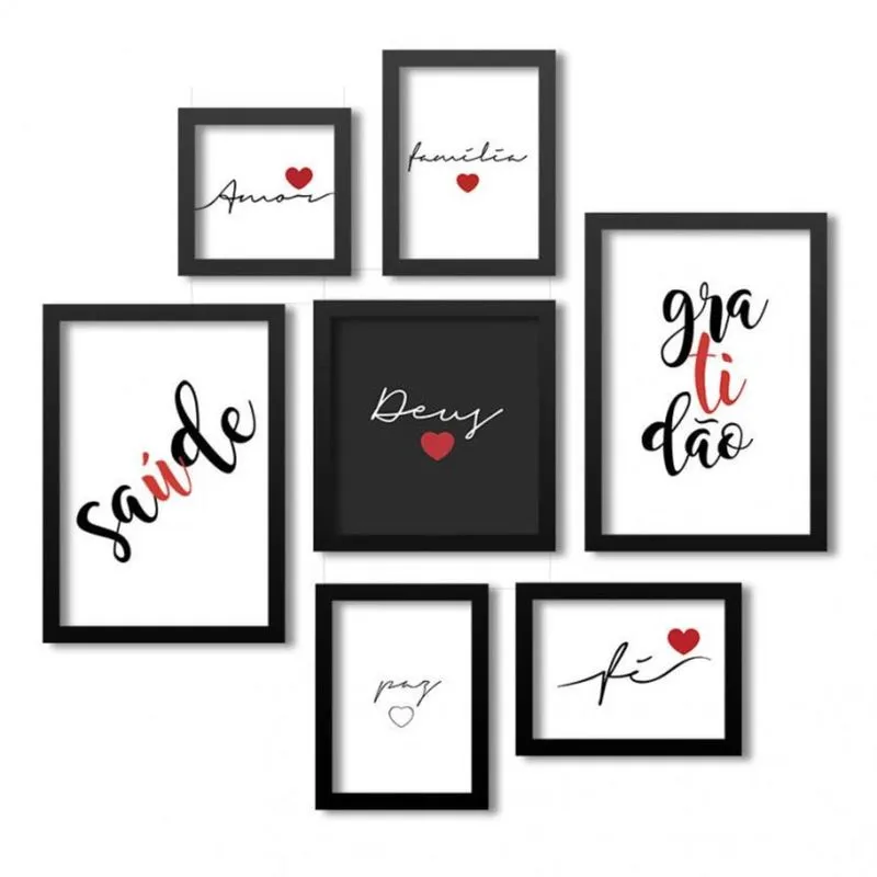 Conjunto 7 Quadros Decorativos Frases Fé Saúde e Gratidão Los Quadros