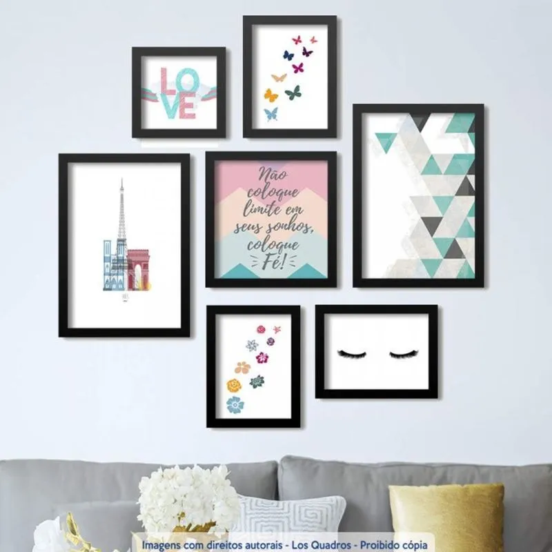 Conjunto 7 Quadros Decorativos Paris Frases e Abstrato Los Quadros