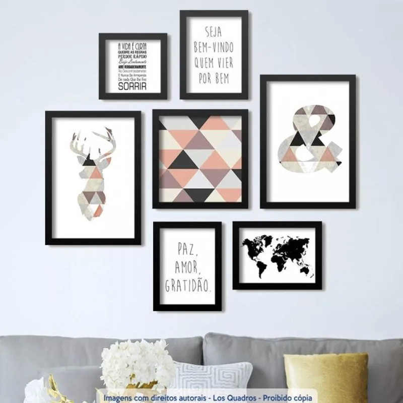 Conjunto 7 Quadros Decorativos Cervo Abstrato Frases Los Quadros