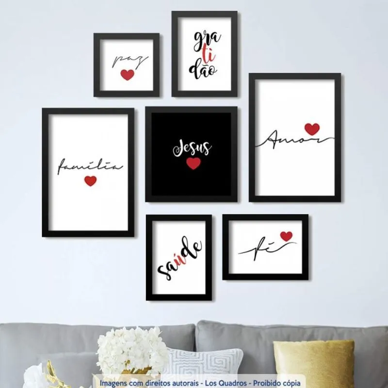 Conjunto 7 Quadros Decorativos Frases Saúde Fé e Amor Los Quadros
