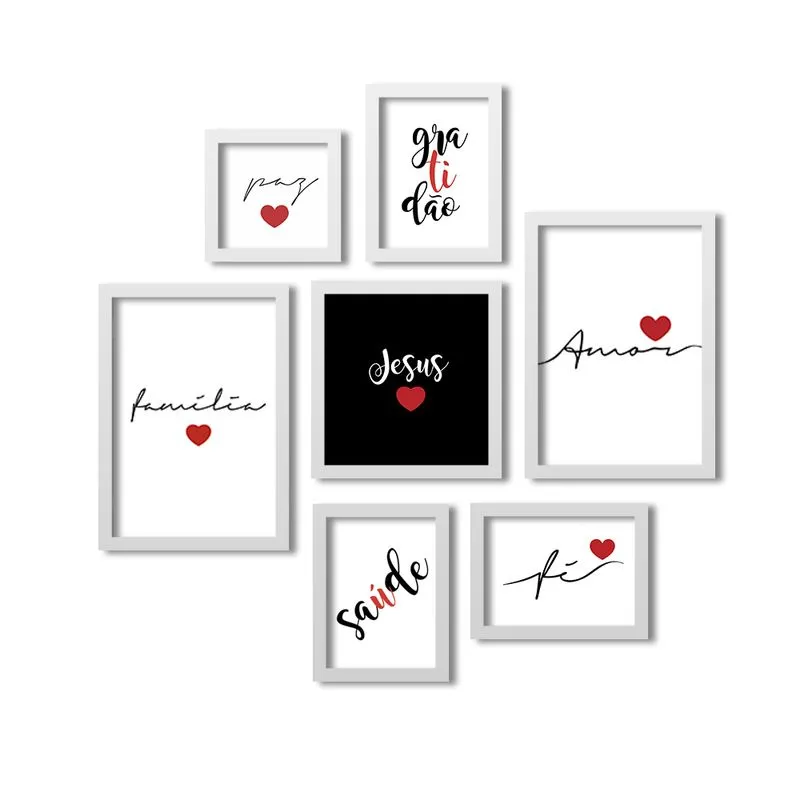 Kit 7 Quadros Grande LosQuadros Frases Saúde Fé e Amor