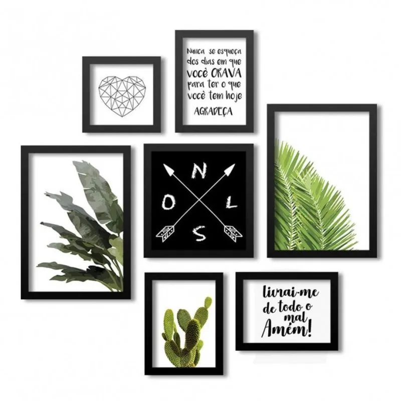Conjunto 7 Quadros Decorativos Folhagem e Frases Los Quadros