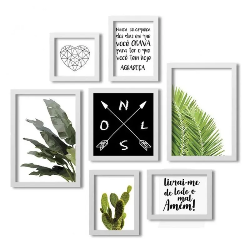 Conjunto 7 Quadros Decorativos Folhagem e Frases Los Quadros