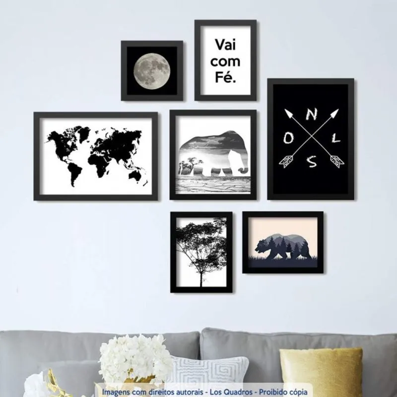 Conjunto 7 Quadros Decorativos Mapa Mundial Vai Com Fé Los Quadros