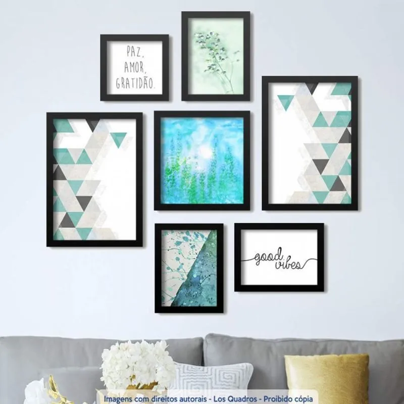 Conjunto 7 Quadros Decorativos Abstrato Frases Los Quadros Azul