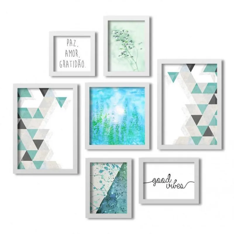 Conjunto 7 Quadros Decorativos Abstrato Frases Los Quadros Azul