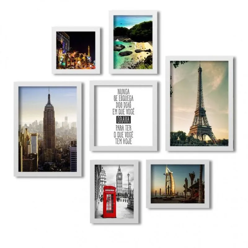 Conjunto 7 Quadros Decorativos Frase e Paisagens Los Quadros