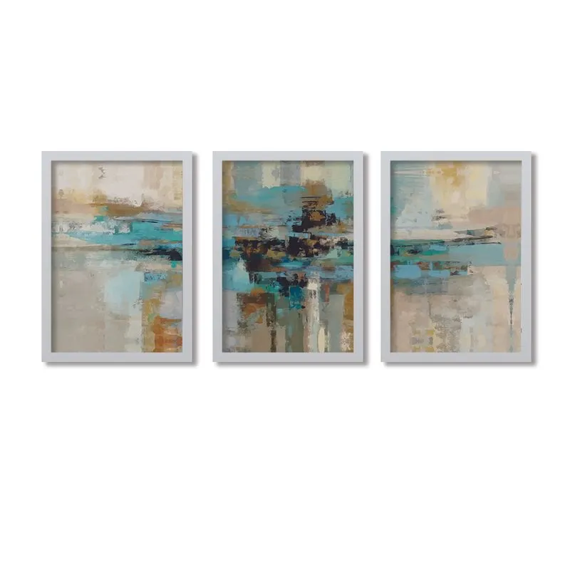 Conjunto Kit 3 Quadros Abstrato Turquesa e Marrom