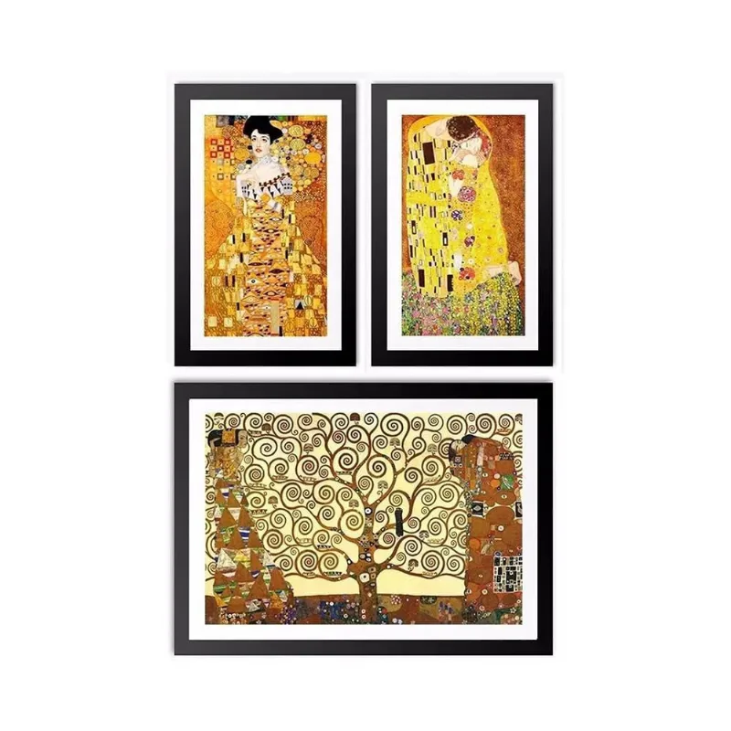 Composição 3 Quadros Gustav Klimt Com Moldura Preta E Vidro