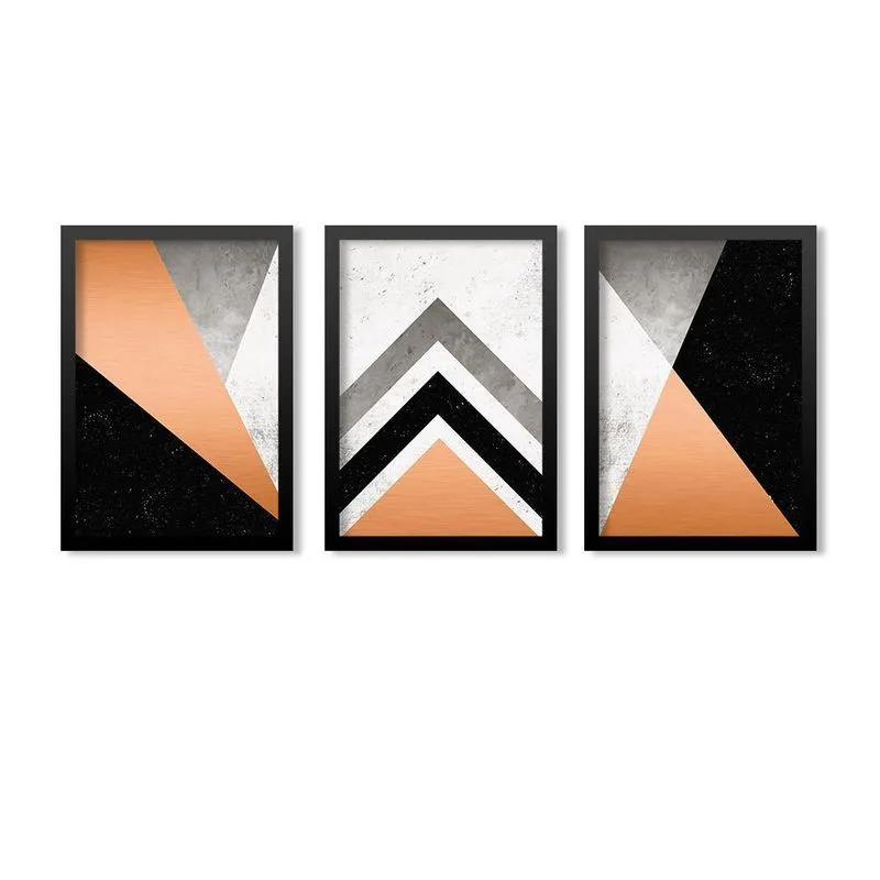 Kit 3 Quadros Abstrato Geométrico Laranja Preta