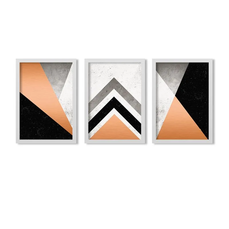 Conjunto Kit 3 Quadros Abstrato Geométrico Laranja