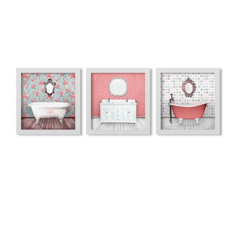 Conjunto Kit 3 Quadros Arte Banheiro Vintage Moldura Branca