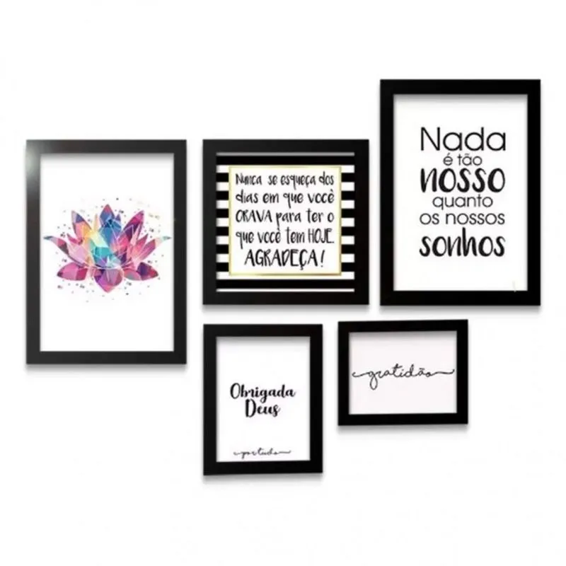 Conjunto 5 Quadros Decorativos Flor de Lotus Frases Los Quadros Colorido