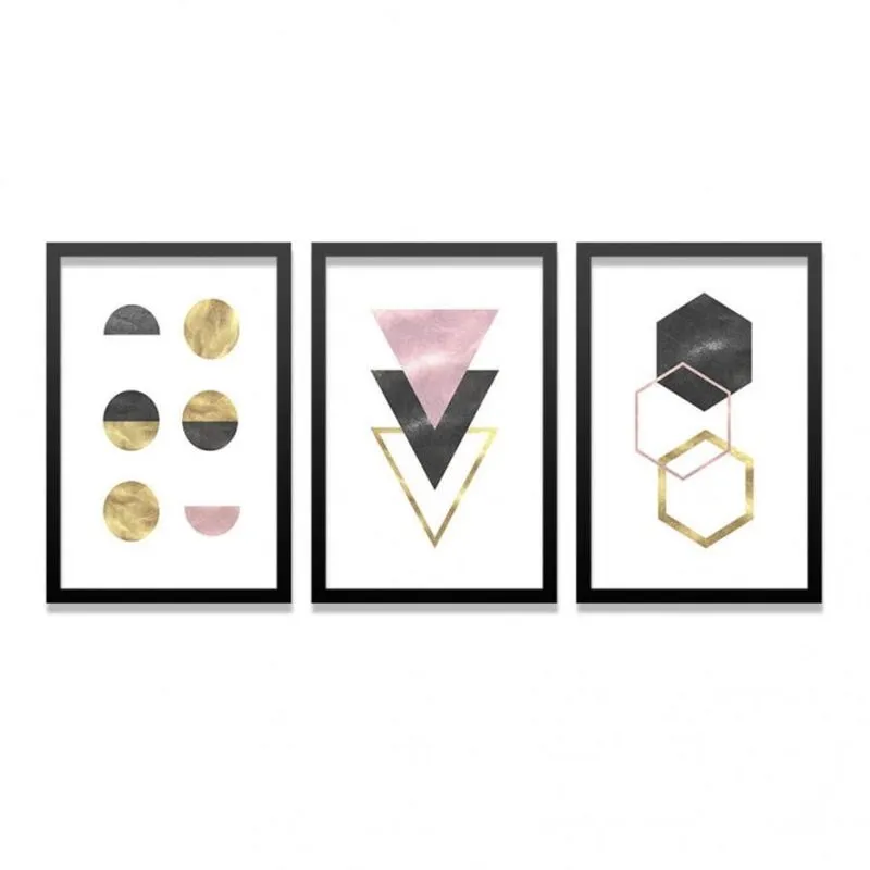 Conjunto 3 Quadros Decorativos Formas Geométricas Los Quadros Bege/Dourado
