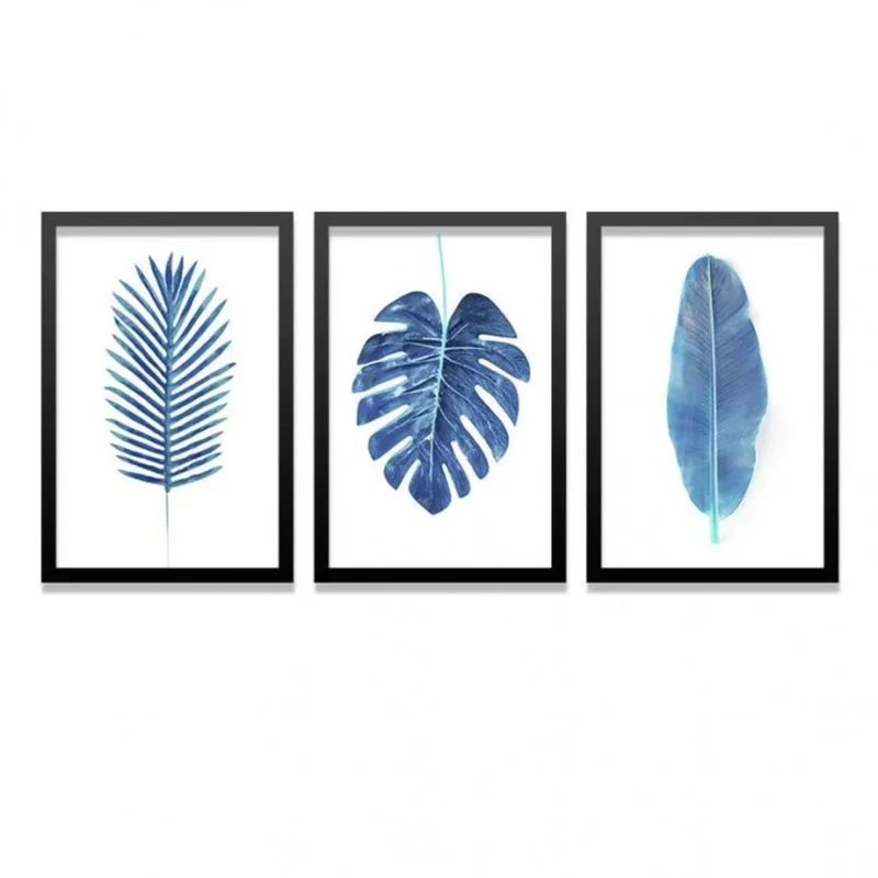 Conjunto 3 Quadros Decorativos Folhagem Los Quadros Azul Marinho