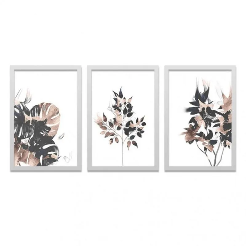 Conjunto 3 Quadros Decorativos Folhagens Los Quadros Rosê/Preto