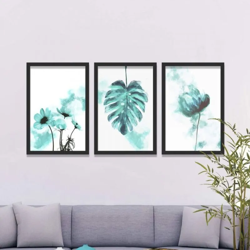 Conjunto 3 Quadros Decorativos Flores Efeito Los Quadros Turquesa