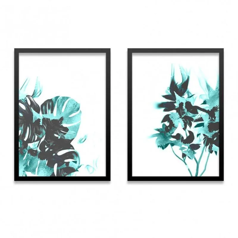 Conjunto 2 Quadros Decorativos Folhagem Turquesa Los Quadros