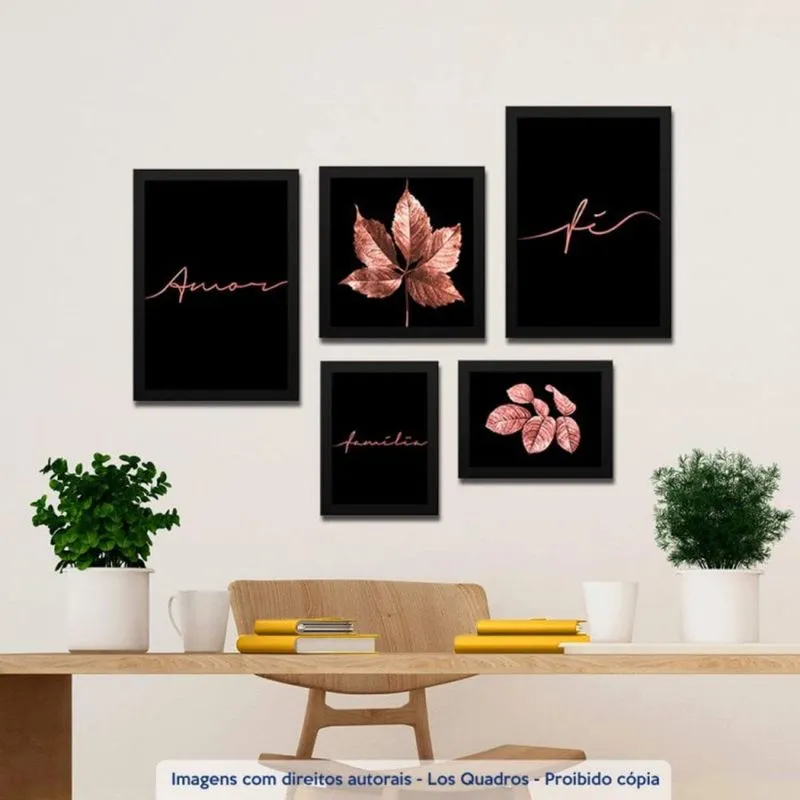 Conjunto 5 Quadros Decorativos Frases Folhagem Rosê Los Quadros
