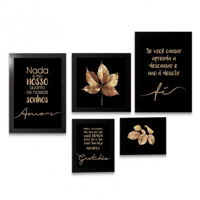 Conjunto 5 Quadros Decorativos Folhas e Frases Douradas Los Quadros