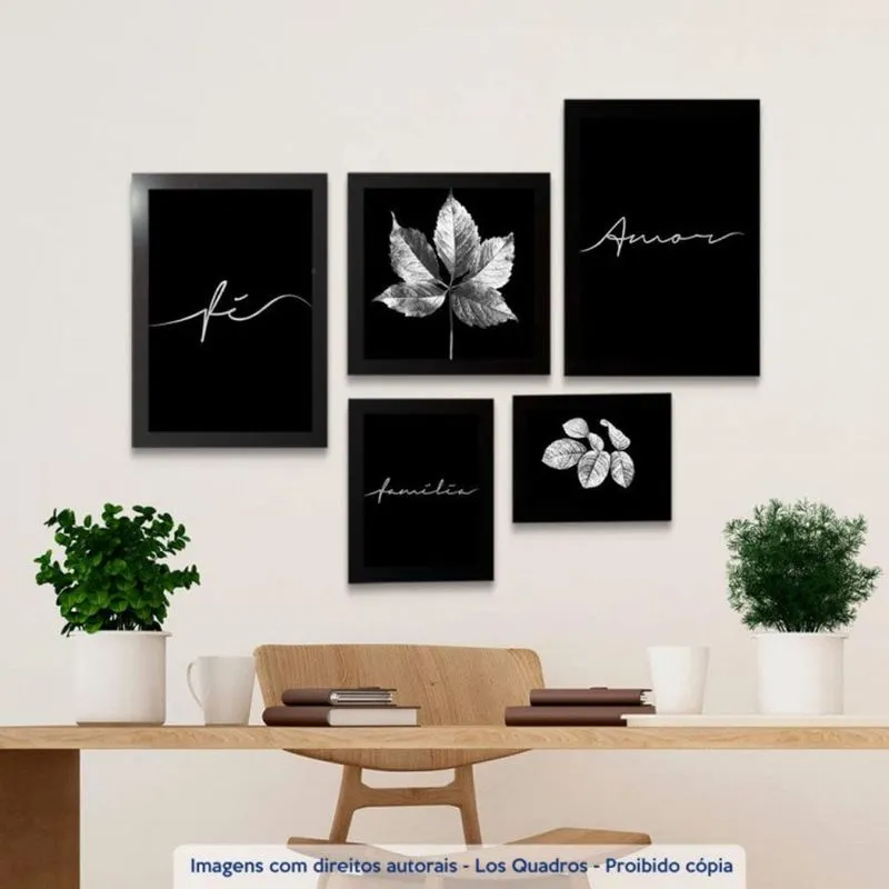 Conjunto 5 Quadros Decorativos Frases e Folhagem Prata Los Quadros