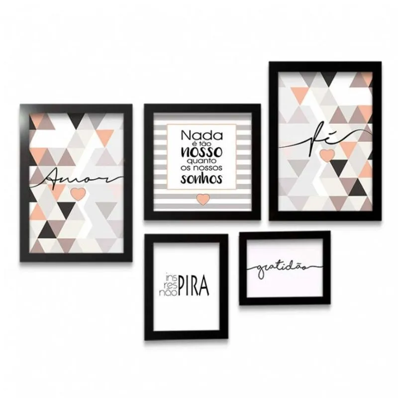 Conjunto 5 Quadros Decorativos Mosaico Bege e Branco Frases Los Quadros
