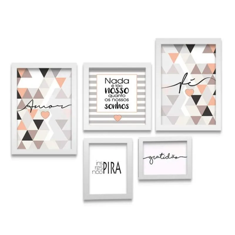 Conjunto 5 Quadros Decorativos Mosaico Bege e Branco Frases Los Quadros