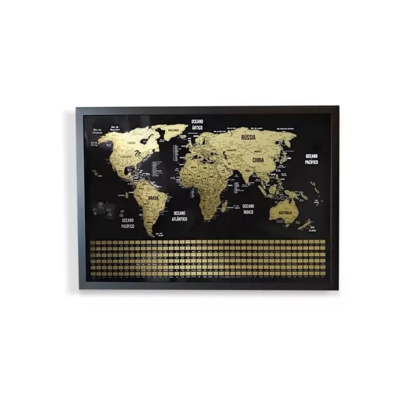 Mapa Mundi De Raspar Dourado Com Moldura Com Bandeiras 73x50