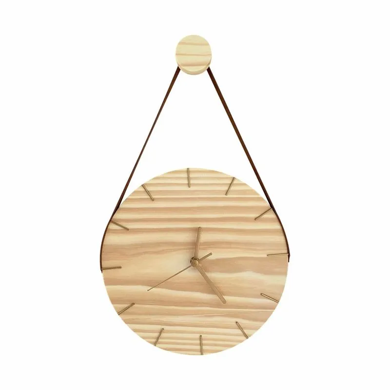 Relógio de Parede em Madeira Minimalista Natural Com Detalhes em Dourado Com Alça + Pendurador