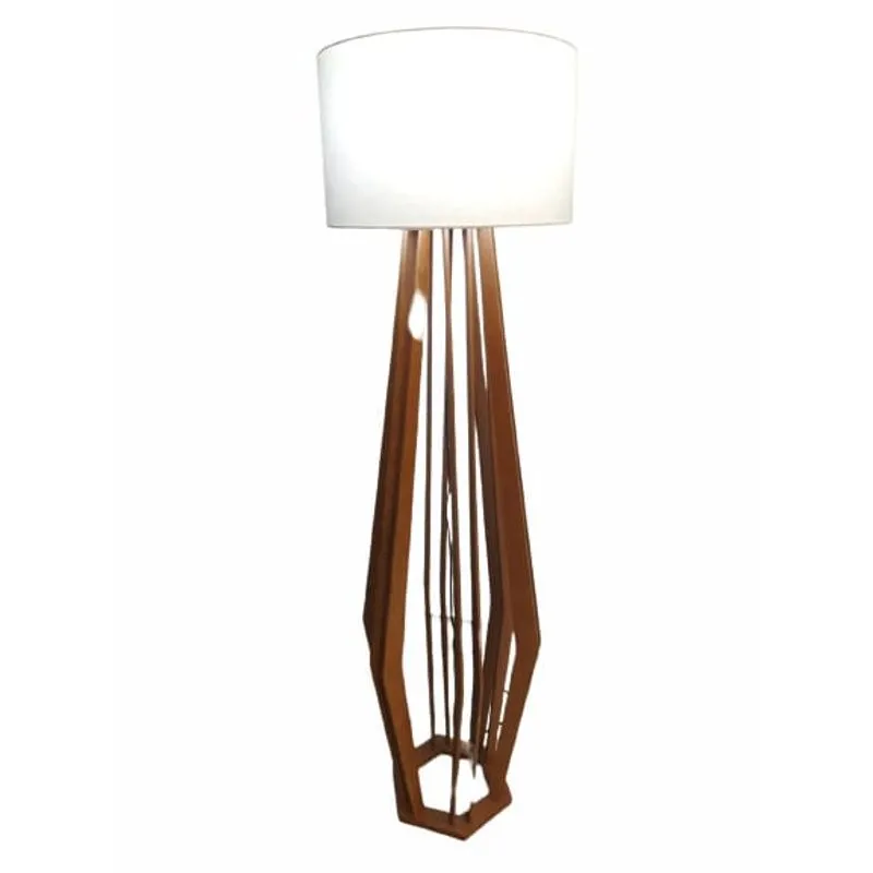 Luminária Coluna Diamante Soft Acab Cedro Cúpula Tecido Cru