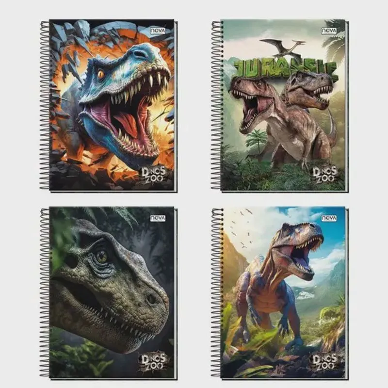 Caderno 10 Matéria Dinozoo Espiral C/Adesivo Sortido - Nova