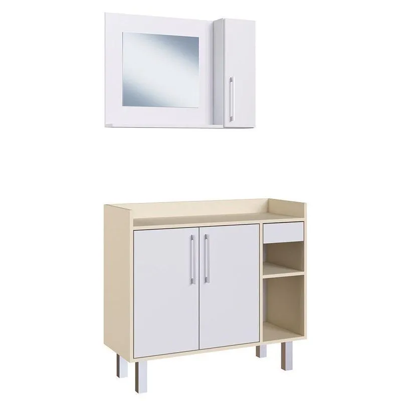 Kit Gabinete Para Banheiro c/ Espelheira Estilare Móveis Cnj1036 Branco c/ Creme