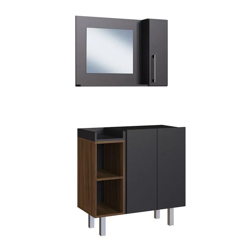 Kit Gabinete Para Banheiro 75cm c/ Espelheira Estilare Móveis Cnj1038 Preto c/ Madeirado