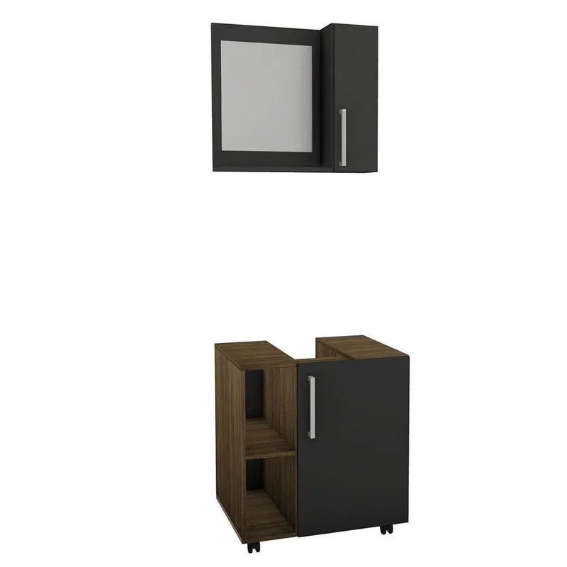Kit Gabinete Para Banheiro c/ Espelheira Estilare Móveis Cnj1042 Preto c/ Madeirado