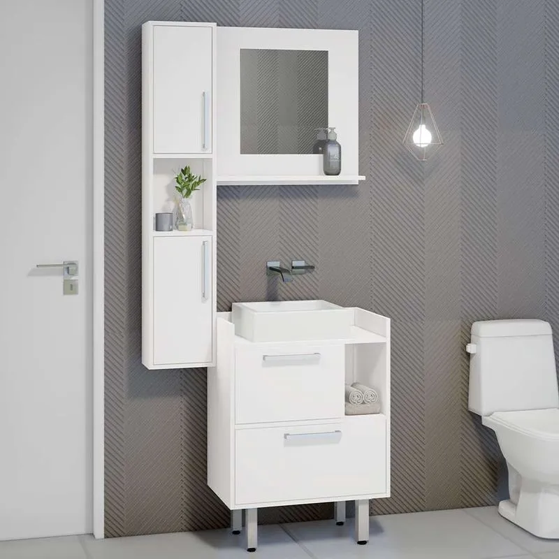 Conjunto de Gabinete de Banheiro e Armário com Espelho Jesse 4 pt Branco