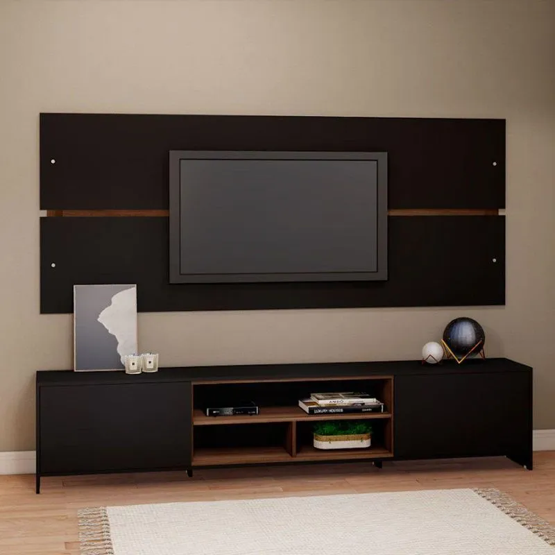 Conjunto De Rack Com Painel Milão Em Mdp Estilare Móveis Preto Com Madeirado