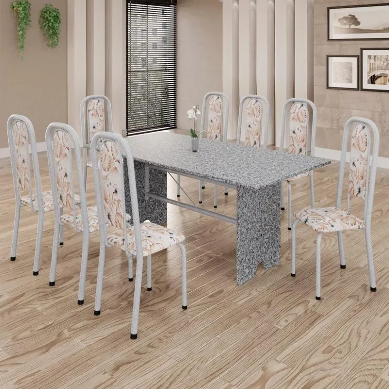 Conjunto de Mesa Tubular 8 Cadeiras 180x75cm Mart Perola com Tampo em Granito Ocre Letícia 071 - Tudo de Móveis