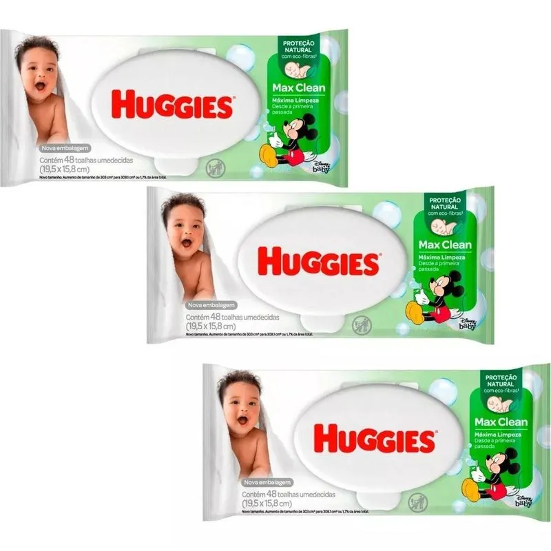 Kit 3 Toalhas Lenços Umedecidas Huggies Max Clean 48un Cada