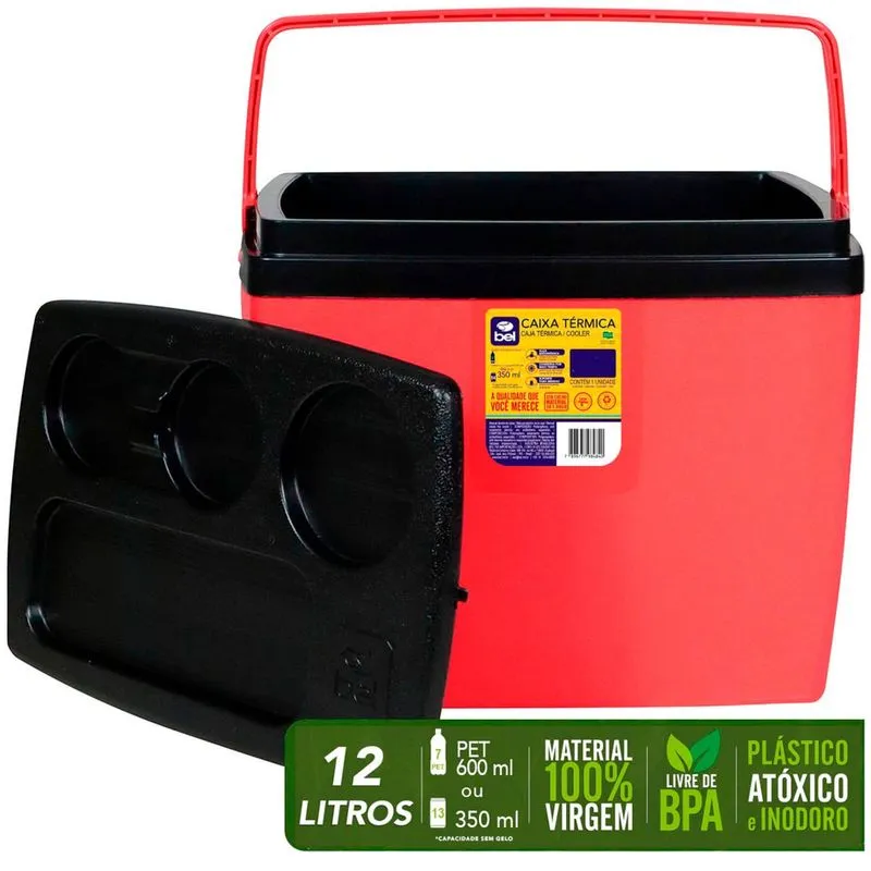 Caixa Térmica 12 Litros Vermelha e Preta Bel Alça Ergonômica Tampa com Trava de Segurança